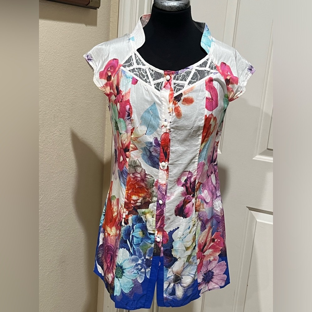 XL Pink Floral watercolor SILK BLEND TUNIC BLOUSE, by W. S. F. M, SIZE XL ( M/L)